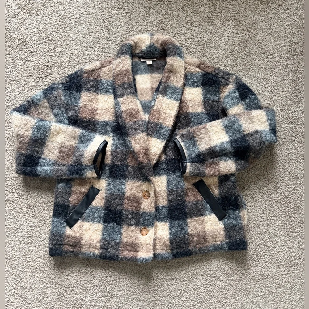 Knox Rose Plaid Wool Blend Jacket Coatigan Cream Brown Blue Size Medium Cozy - Picture 2 of 8